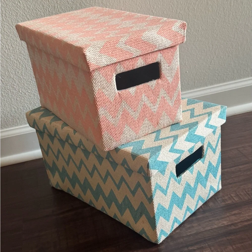 Chevron Patterned Storage Boxes - Orange and Blue